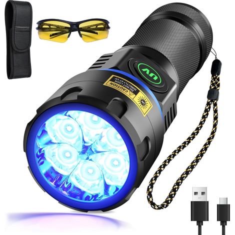 Lampe Torche UV 395 nm Lumière Noire [6xLED Quad-ricœur], Lampes de Poche Puissante 80W Rechargeable Lampe Wood Ultraviolette, Résine Durcissante, Détecteur pour d'Urine, Verre d'Uranium (1/5)