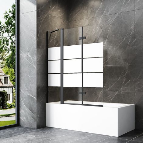 160x140cm Schwarz Badewannenaufsatz 3-teilig Duschwand für Badewanne Duschtrennwand für Badewanne Duschwand Badewanne Faltwand Duschabtrennung Badewanne, 6mm ESG Glas mit Milchglas Streifen