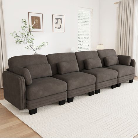 MODFU – Sofá recto modular de 4 plazas 330x88x88 cm de chenilla con cojines lumbares, reposabrazos, espuma 28D y carga 600 kg – Marrón (1/5)
