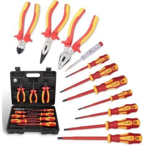 Jeu de 11pcs VDE Tournevis et Pinces outils électricien isolé 1000V avec testeur de tension, Coffret tournevis tête plats et PH cruciformes, Poignée en caoutchouc antidérapante (1/5)