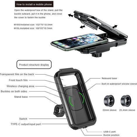 Wasserdichte Motorrad-Handyhalterung mit kabellosem Typ-C-Ladegerät und Handytasche (1/5)