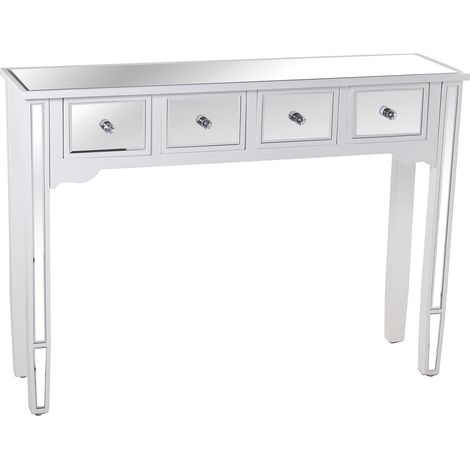Table d'entrée avec 4 tiroirs en Bois Blanc et Miroir 110 x 30 x 80 cm, Multicolore (1/4)