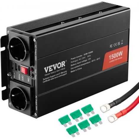 Modifizierter Sinus-Wechselrichter, 1500 W DC 12 V AC 230 V Wechselrichter mit 2 AC-Steckdosen 2 USB-Anschlüssen 1 Typ-C-Anschluss 6 Ersatzsicherungen für Smartphone, Laptops (1/5)