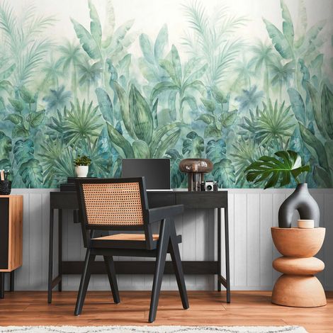 Papier peint aquarelle avec lambris Papier peint en Vlies avec motif de jungle, feuilles de palmier et effet bois, vert et blanc (1/4)