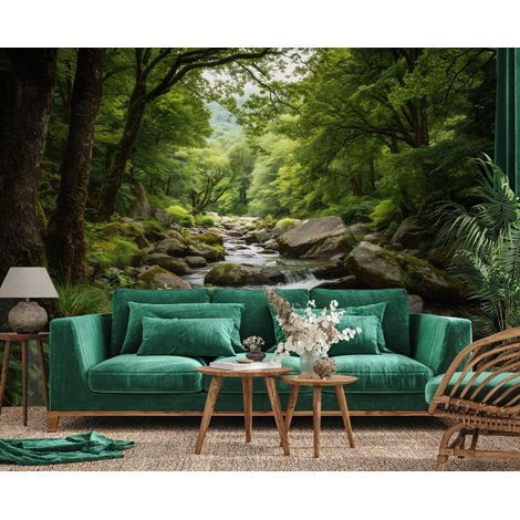 Fototapete Wald Natur Bach 3D-Optik, für Wohnzimmer und Schlafzimmer, 150 x 105 cm – Komplettset inkl. Kleister & Anleitung (1/5)