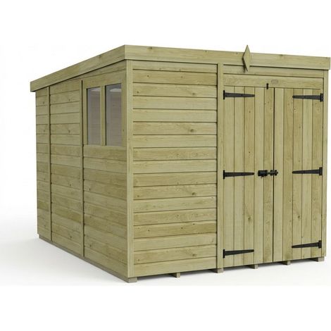 7ft x 10ft Pent Garden Shed Double Door With Windows - Pressure Treated Timber - L213 x W305 x H210 cm - Natural