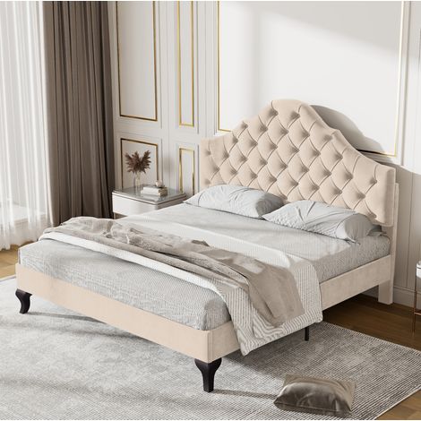 Polsterbett mit Lattenrost 140x190 Velours Off White OKMYHOME (1/5)