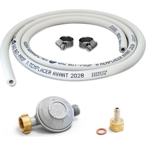 Kit connexion gaz complet pour réchauds – Tuyau souple 1.50m – Détendeur butane 28 mbar avec limiteur de débit – Adaptateur à tétine inclus – Proweltek