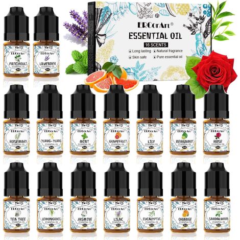 Kit Huile Essentielle pour Diffuseur, 16 Huile Essentielle Bio pour Bougie, Intérieur, Voiture- Eucalyptus, Lavande, Romarin, Ylang-Ylang, Rose- 6 ml chacun (1/5)