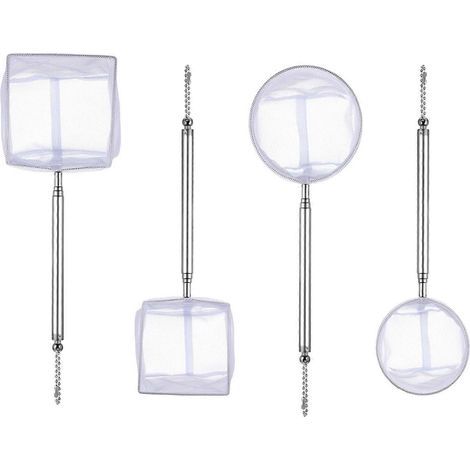 Ensemble de 4 épuisettes télescopiques en acier inoxydable, adaptées aux petits poissons d'ornement, maille fine, disponibles en formes rondes et carrées, conception ergonomique et plusieurs couleurs. (1/5)