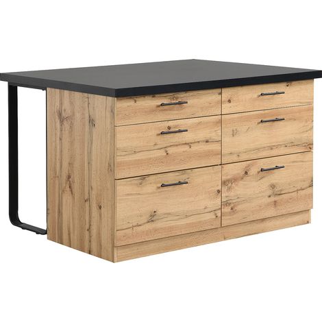 Vente-Unique – Îlot central de cuisine 126x104 cm avec 6 tiroirs en MDF et métal – Finition mélaminé – Noir et naturel clair – 2 places