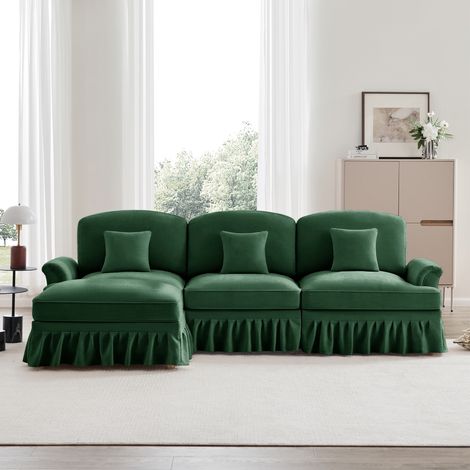 Divano angolare a 3 posti a L in stile medievale, con contenitore, gonne plissettate rimovibili, pouf rimovibile Pouf e sedute modulari - Verde
