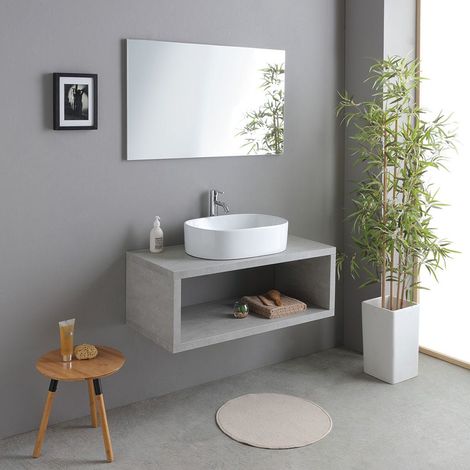 Mobile Bagno Sospeso 100Cm In Cemento Con Lavabo Tondo Bianco Kyoto