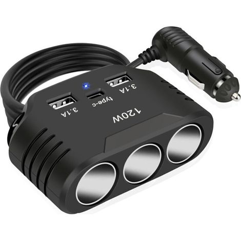120W Adaptateur de Prise Allume-Cigare: 12V/24V Multi Prise USB de Voiture avec 3 Prise & Port Type C USB Chargeur Splitter DC pour iPhone Android GPS (1/4)