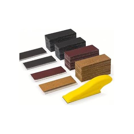 Dieses 75-teilige Set aus beflocktem Schleifpapier enthält Handschleifpapierblöcke in verschiedenen Körnungen (30x90mm) und eignet sich zum Polieren von Holz und zur Oberflächenveredelung. (1/5)