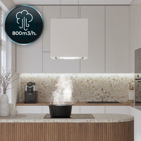 Campana colgante cuadrada bolero flux cct 448000 glass white a++ de 44cm de ancho, acabado vidrio blanco, succión 800m3/h, motor 210w, clase a++, control táctil, 3 niveles de potencia, booster, luz. (1/4)