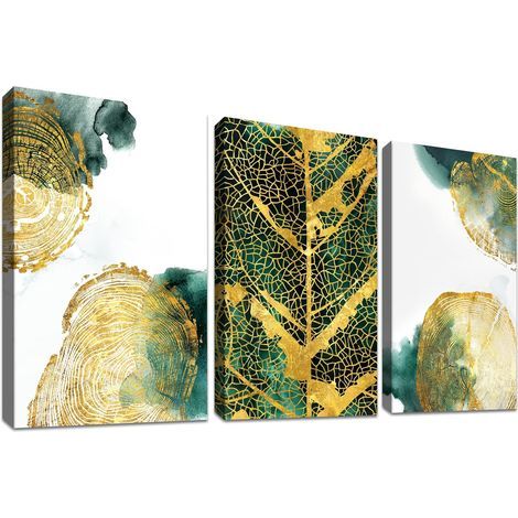 (30 × 40 cm) Lot de 3 impressions sur toile encadrées en bois feuille d'or anneaux annuels arbres abstraits peinture sur toile photo décoration murale salon chambre prêt à accrocher (1/5)