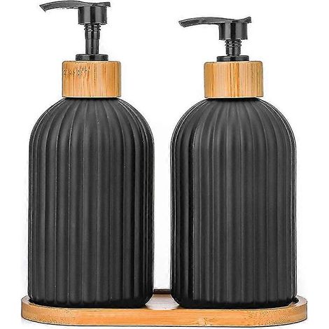 Distributeur de savon en verre de 414 ml avec plateau en bois, ensemble de 2 distributeurs de savon pour les mains et la vaisselle, pour la cuisine et la salle de bain (1/5)