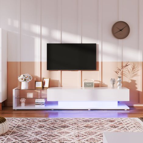 Meubles TV, panneaux bas, cloisons en verre blanc brillant et éclairage LED modulable. Ce style allie un charme naturel et rustique à un design moderne.