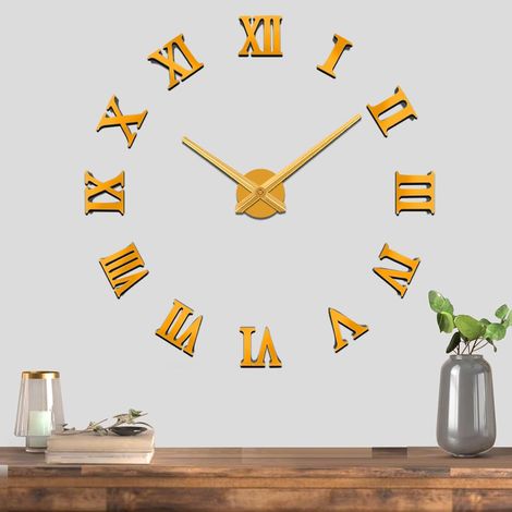 Sans Cadre Grande Chiffres Romains 3D Bricolage Mur Horloge Mute Miroir Autocollants Maison et Bureau école décoration(Or-87) (1/5)