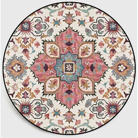 Tapis Rond 100cm Motif de Fleurs Colorées Tapis Bohème Décoratif Salon Chambre Mandala Imprimé Tapis Rond Vintage Boho Intérieur et Extérieur