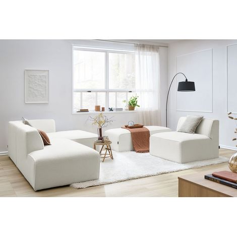 BOBOCHIC - Canapé d'angle fixe modulable MEGEVE tissu bouclette avec 1 chauffeuse et 1 pouf Angle droit Blanc (1/5)