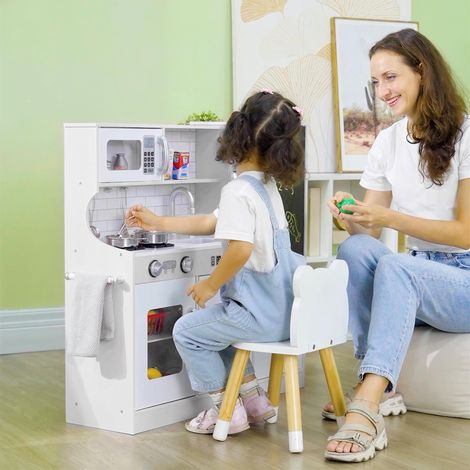 Cuisine pour enfants, cuisine de jeu avec téléphone, tableau noir, micro-ondes, plaque de cuisson, évier, accessoires, machine à glaçons, 3-8 ans, blanche
