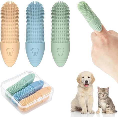 Lot de 3 brosses à dents pour chiens et chats En silicone, nettoyage doux Élimination de la plaque 360°, couleurs vert/bleu/jaune (1/5)