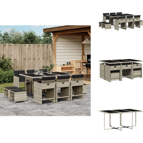 11-tlg. Garten-Essgruppe mit Kissen Hellgrau Poly Rattan - Gartenmöbel Set - Gartentisch - Gartenstühle - Gartenhocker - Rattan Möbel (1/5)