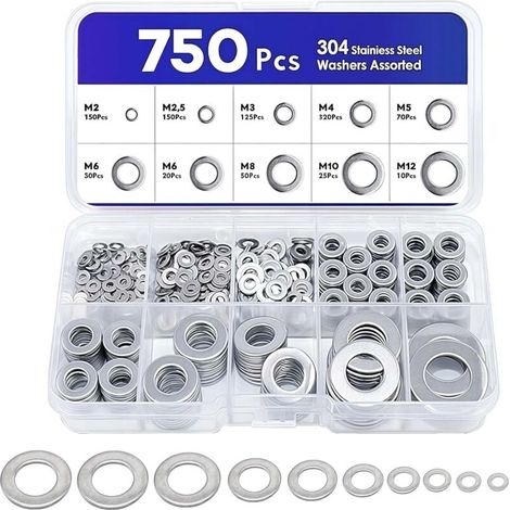 Pack of 750 stainless steel washers - Assortment of flat washers M2-M12 - Safety washers for door hinges - Oil drain plugs for hydraulic repair (1/5)