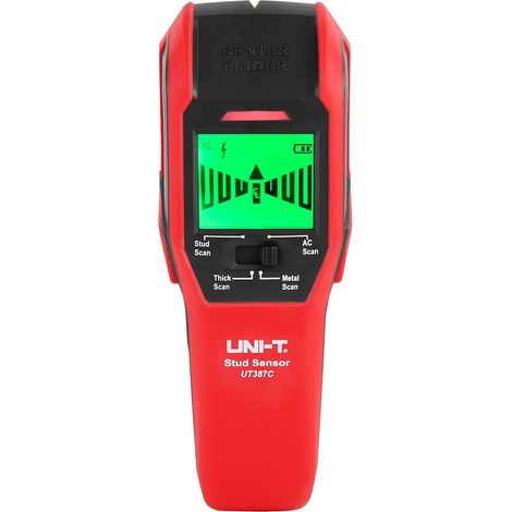 UT387C Wandscanner mit Balkensucher, 4-in-1-Elektro-Holzdetektor mit Zentrierungsfunktion, LCD-Display und LED-Alarm. 4 Scanmodi für Holz, Balken, Metall, stromführende Leitungen und Tiefenortung.