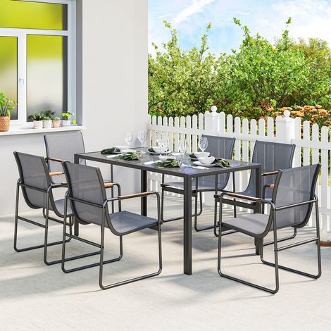 Conjunto de Mesa y Sillas Jardín con Mesa de Vidrio Templado y 6 Sillas Transpirables para Terraza Patio Gris (1/5)