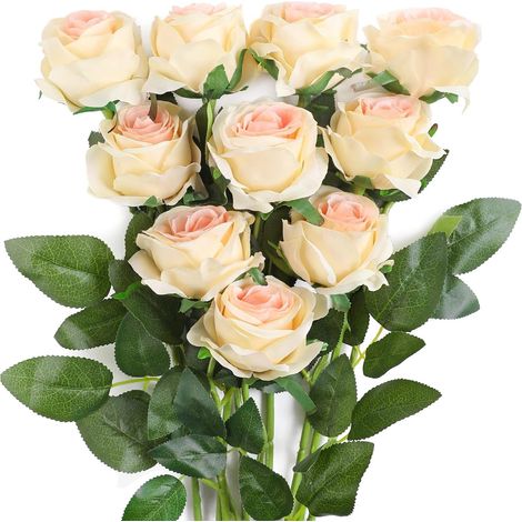 Bouquet de 10 roses artificielles en soie, couleur champagne, pour la maison, le bureau ou un mariage.-AquaForge (1/4)