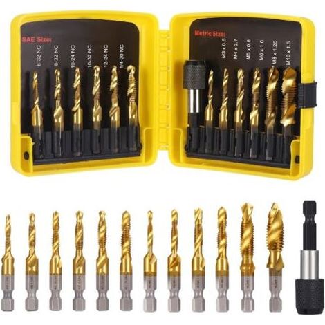 Lot de 13 pièces jeu de tarauds, forets combinés tarauds jeu de mèches 6 mm HSS M3-M10 jeu de filières SAE 6-32NC jusqu'à 1/4-20NC pour perçage, taraudage et fraisage fer, aluminium, cuivre (1/5)