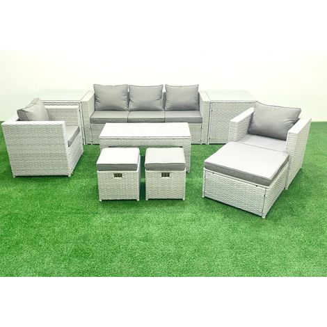 Fimous Salon de jardin 8 places Canapé de jardin Table basse oblongue avec 2 Chaises 3 Tabourets 2 Tables d'appoint Gris clair mixte (1/5)