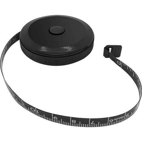 Cinta métrica retráctil de 150 cm / 60 pulgadas para tela y costura, doble cara, color negro. Longitud de la cinta: escala de doble cara (centímetros y pulgadas en cada lado). (1/5)