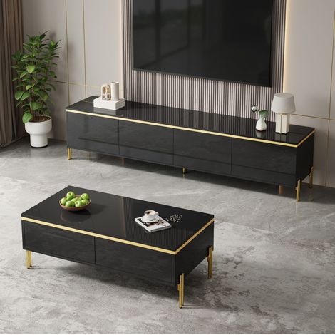 Mueble TV y mesa de centro con acabado alto brillo, negro, con almacenaje HAVRYA (1/5)