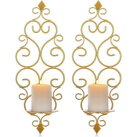 Ensemble de 2 bougeoirs muraux en métal doré, pour la décoration de votre chambre, salle de bain ou salon. (1/5)
