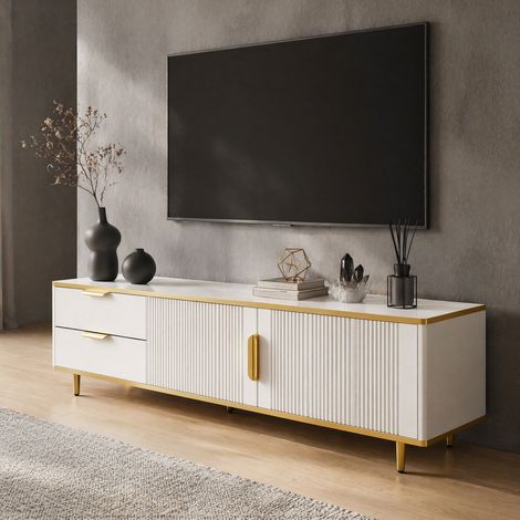 Mueble TV 170x37x45 cm blanco y dorado con 2 cajones y puertas (1/5)