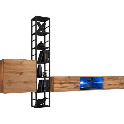 Ensemble meubles de salon style industriel SWITCH M6. Coloris chêne.