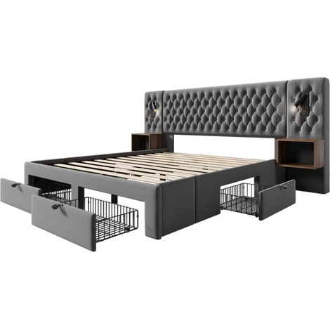 Lit double 160x200 cm avec matelas, 2 chevets, 4 tiroirs, USB-C, velours gris HOMVRA (1/5)