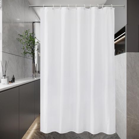 Rideau de douche fin blanc 150 x 200 cm Tissu textile anti-moisissure Imperméable et lavable Pour salle de bain Avec 10 anneaux (1/5)