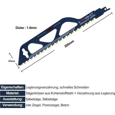 Wolframkarbid-Stahl-Säbelsägeblatt für Metall, Holz, Stein, Säbelsägenzubehör für Porenbeton, Ziegel, Beton, Zementplatten, Länge (305 mm (S1243HM)) (1/4)