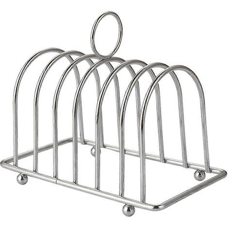 Support à toasts en acier inoxydable à 6 fentes pour tranches de pain, avec pieds sphériques et poignée de transport. (1/5)