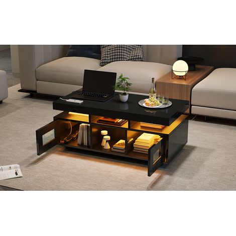Table basse noire laquée 100x50x43 cm avec éclairage LED pilotable par appli, meuble de salon avec espace de stockage, table d'appoint avec ports USB et prise intégrée, parfait pour le bureau ou l'esp (1/5)