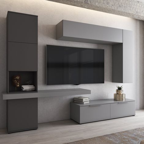 Wandregal Dubino, Wohnzimmerschrank mit 9 Fächern, 2 Schubladen, modular, Schwarz Anthrazit (1/3)
