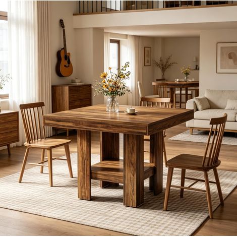 Tavolo da pranzo quadrato 80x80x75 cm in legno e MDF marrone con ripiano - MEUBLIV (1/5)