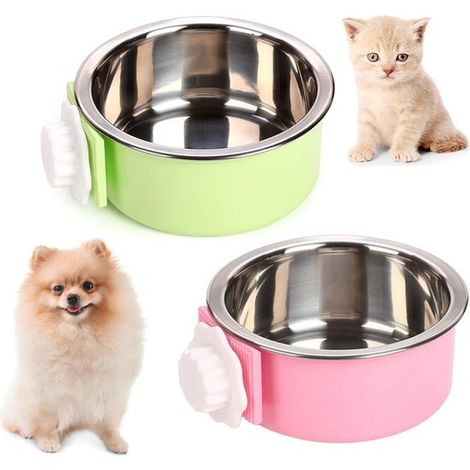 Lot de 2 gamelles suspendues en acier inoxydable - Amovibles - Pour chiens, chats, oiseaux et rongeurs - Vert et rose - Gamelle pour cage (1/5)