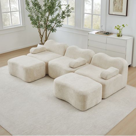 Canape d'angle modulable 3 places en velours beige OKMYHOME (1/5)