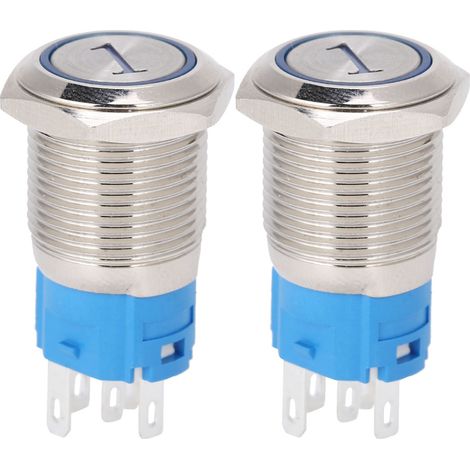Lot de 2 boutons-poussoirs momentanés de 16 mm avec réinitialisation, boîtier plat rond à 5 broches, LED et affichage numérique bleu (3-6 V CC).